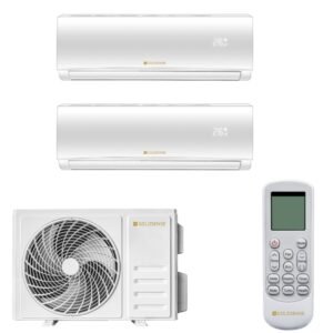 Aparat aer conditionat Goldsense Defender, sistem multisplit doua incaperi 9000 btu/h respectiv 12000 btu/h, I Feel, filtru carbon activ, auto curatare, smart air flow, kit instalare inclus